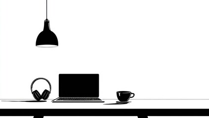 Simple black silhouette of a laptop, headphones, lamp, and coffee cup on a white table