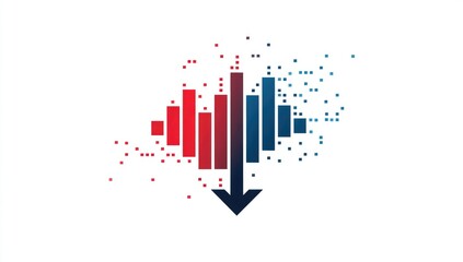 Graphic of declining data, with red and blue bar graphs and a large downward arrow