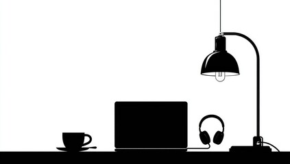 Simple black silhouette of a workspace with laptop, lamp, coffee cup, and headphones