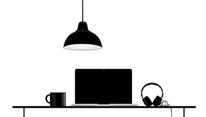 Simple black silhouette of a workspace with laptop, lamp, mug, and headphones