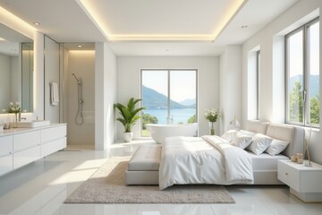 Spacious white bedroom, large walk-in shower, ensuite bath, spa, modern