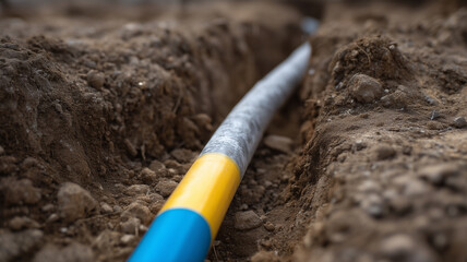 Fiber optic cable underground installation trench soil construction technology communication closeup outdoor infrastructure