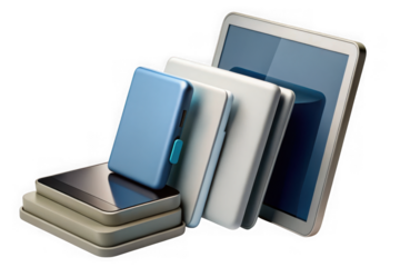 Collection of electronic devices and portable storage isolated on transparent background