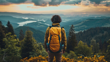 Naklejka premium Hiker pauses on a mountain peak, back to camera, taking in the expansive scenic panorama at dusk.