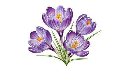 Fototapeta premium Beautiful bunch of purple crocus flowers with green stems isolated on transparent background