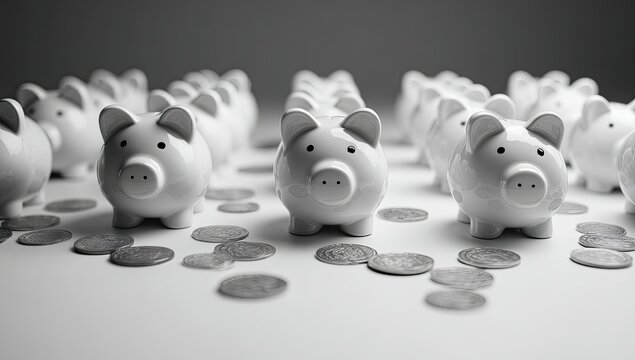 Many piggy banks and coins