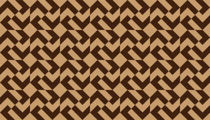 Seamless geometric pattern with interlocking angular shapes in dark brown and beige tones, creating a bold and structured visual rhythm
