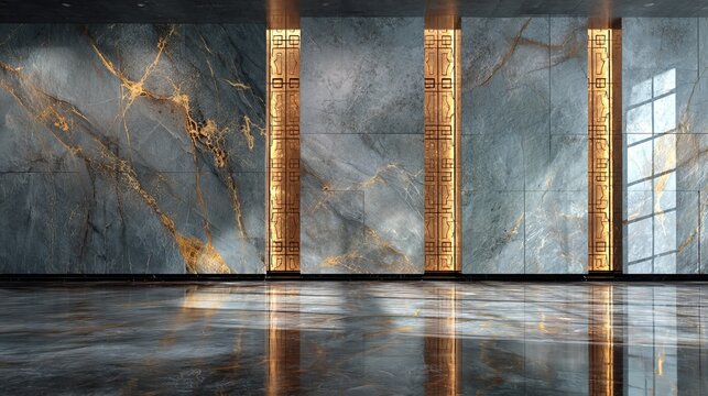 Luxurious modern interior with stunning marble walls and golden accent pillars casting dramatic light reflections