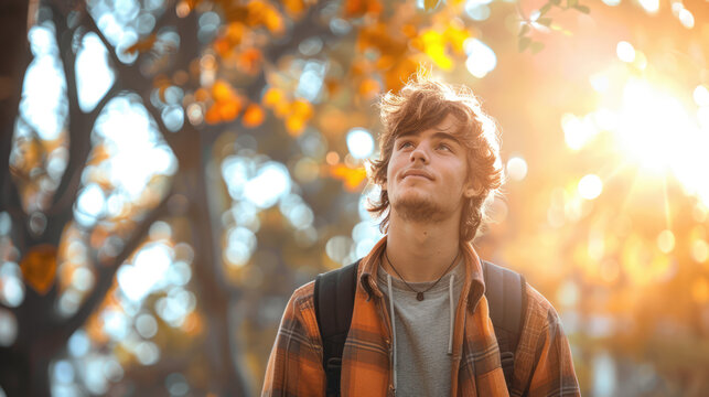 Young man gazing upwards in warm sunlight, wearing a plaid shirt and backpack in the soft autumn light.