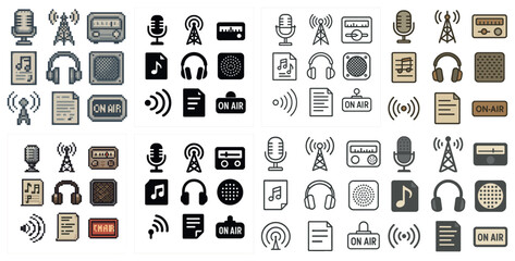 Fototapeta premium Broadcast and radio icons set – pixel art, silhouette, music and media symbols