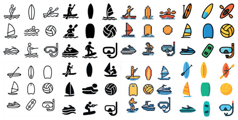 Water sports pixel art icons set – boating, kayaking, aquatic adventure symbols