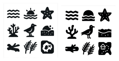 Fototapeta premium Beach and ocean solid icons set – filled, aquatic, sea life symbols