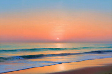 Fototapeta premium Soft sunset over calm ocean waves and sandy beach sunrise