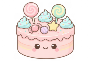 Adorable kawaii pink birthday cake smiling, decorated with candies, lollipops, and whipped cream, on a transparent background