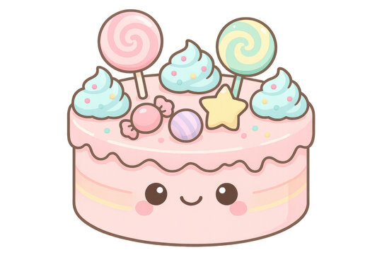 Adorable kawaii pink birthday cake smiling, decorated with candies, lollipops, and whipped cream, on a transparent background