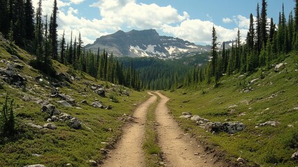 Mountain trail winding through lush pine forest