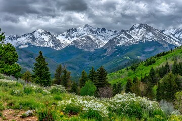 Fototapeta premium Majestic Mountain Vistas Green Valley and Snowy Peaks