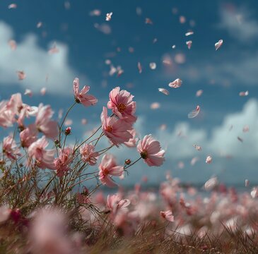 Dreamy Pastel Landscape of Pink Flowers Swaying in Wind, Floating Petals Against Blue Sky and White Clouds, Surreal Sunny Meadow Scene