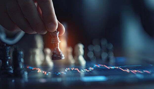 A hand holding a chess queen over a chessboard with stock market data