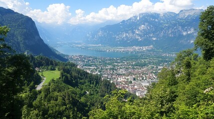 Panoramic view of a valley town nestled between mountains and a lake, with lush green forests and rolling hills