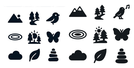 Nature and outdoor silhouette icons set – filled, solid, wilderness symbols