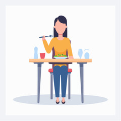 Fototapeta premium Flat vector illustration of a person sitting at a dining table eating food with fork and spoon, modern restaurant setting, clean minimal style
