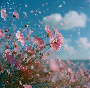 Dreamy Pastel Landscape of Pink Flowers Swaying in Wind, Floating Petals Against Blue Sky and White Clouds, Surreal Sunny Meadow Scene