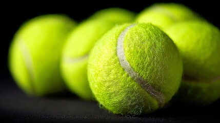 Vibrant tennis balls in sharp focus against a dark, moody background, perfect for sports advertising.