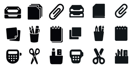 Office supplies solid icons set – stationery, silhouette, business tools collection