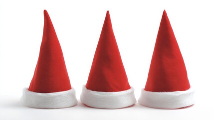 Three red Santa hats with white trim arranged in a row, isolated in white background. Christmas symbol of celebrations