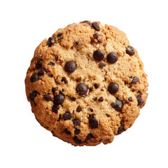A golden-brown, round chocolate chip cookie, speckled with dark chocolate chips, shows a slightly crisp texture