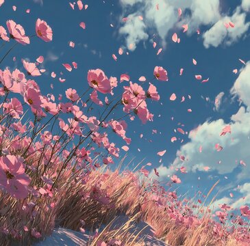 Dreamy Pastel Landscape of Pink Flowers Swaying in Wind, Floating Petals Against Blue Sky and White Clouds, Surreal Sunny Meadow Scene