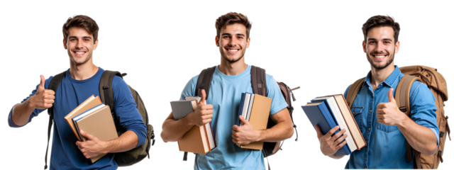 Set of Happy Male Student Giving Thumbs Up with Books and Backpack, Transparent Background png