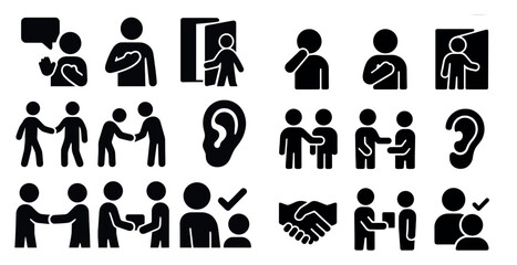 Communication and people icons set – silhouette, solid, interaction and dialogue symbols