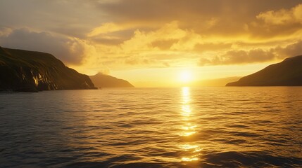 Fototapeta premium Golden sunset over a tranquil fjord