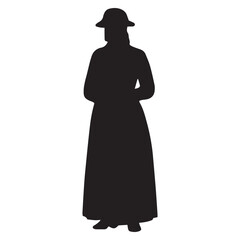 Silhouette of Colonial Woman in Long Dress, Vintage Black Outline Style