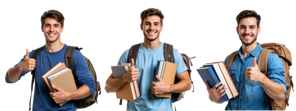 Set of Happy Male Student Giving Thumbs Up with Books and Backpack, Transparent Background png