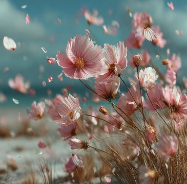 Dreamy Pastel Landscape of Pink Flowers Swaying in Wind, Floating Petals Against Blue Sky and White Clouds, Surreal Sunny Meadow Scene