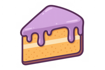 Purple-dripping layered cake slice, cartoon style graphic with transparent background, sweet dessert illustration
