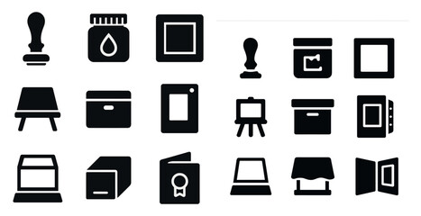 Office supplies silhouette icons set – solid, flat, stationery and work tools