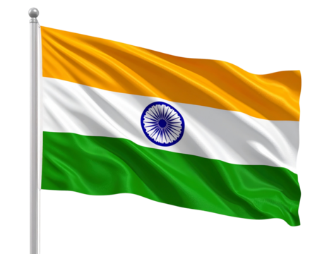 Waving Indian Flag with Ashoka Chakra, Side-Angled View, Isolated PNG.