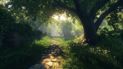 Obraz premium Sunlit path through lush forest, ancient stone