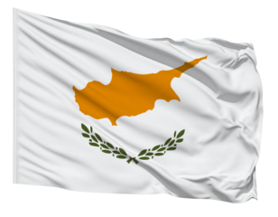 Waving Cyprus Flag with Copper-colored Map and Olive Branches, Side-Angled View, Isolated PNG.