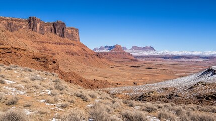 Fototapeta premium Red rock canyon vista, snow-capped peaks