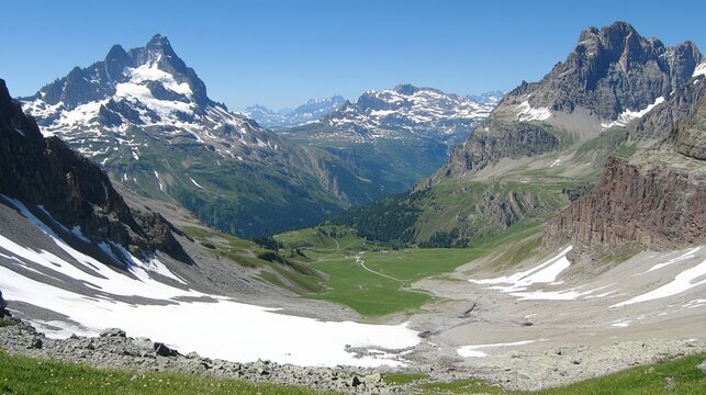Mountain valley panorama with snow and green meadows - Powered by Adobe