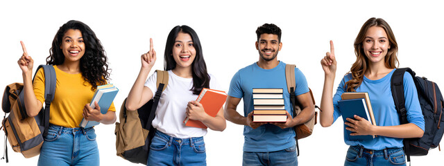 Set of Excited Male and Female Student Pointing Up with Book and Backpack, Transparent PNG Background