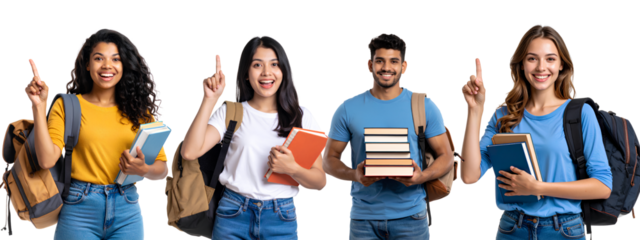 Set of Excited Male and Female Student Pointing Up with Book and Backpack, Transparent PNG Background