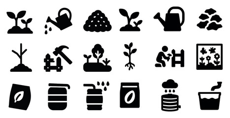 Gardening and plant care solid icons set – flat, filled, nature and horticulture symbols