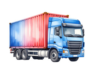Watercolor illustration of a cargo truck with red and blue container