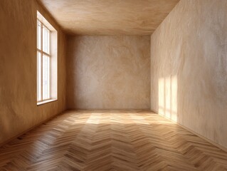 Obraz premium A room with a window and a wall. The room is empty. The floor is made of wood